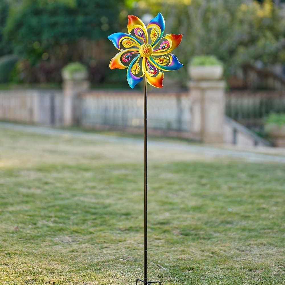 DREAMSOUL 13" Dia Wind Spinners Outdoor with 4 Prong Stakes, Kinetic Metal Wind Spinners for Yard and Garden Decor (52 * 13 Inches)