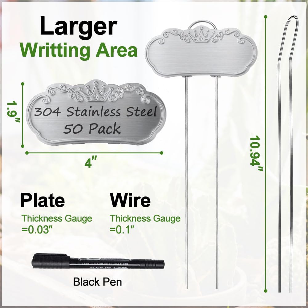 50 Packs Metal Plant Labels, Tall Outdoor Garden Markers for Flowers, Fruits and Vegetables, 304 Stainless Steel Weatherproof Signs (4" x 1.9", Silver)