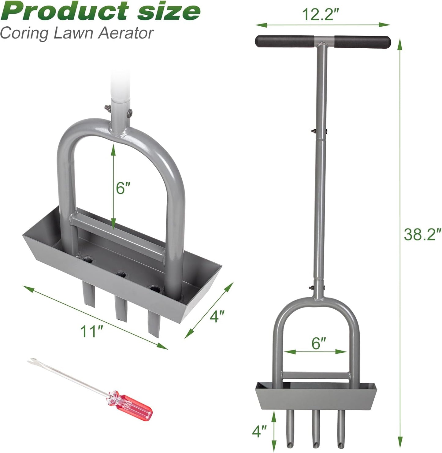 Walensee Lawn Aerator Coring Tool with Soil Core Storage Tray, 38.2" Manual Yard Plug Aerator with 3 Tines, Grass Aeration Gardening Tool with Cleaning Tool for Lawn Care and Compacted Soil