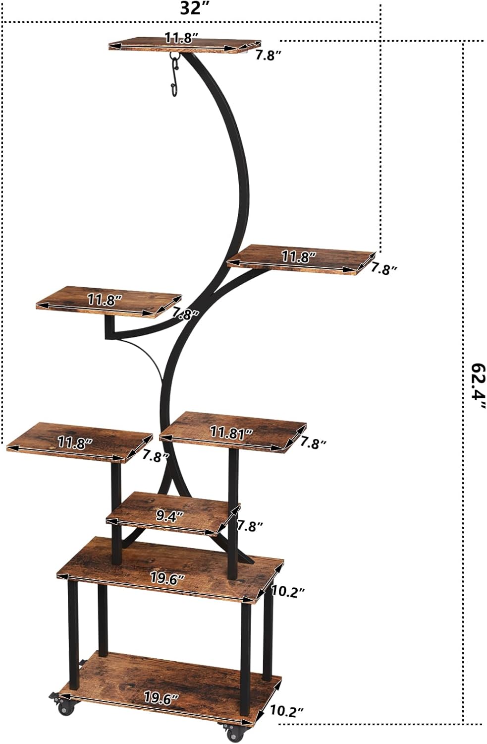 Plant Stand Indoor with Grow Lights, 8 Tiered Indoor Plant Shelf with Wheels, 62" Lighted Corner Plant Stands for Indoor Growing, Large Flower Holder for Living Room, Balcony, Black
