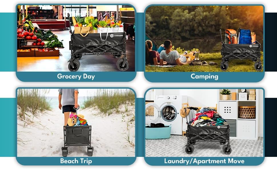 Collapsible Foldable Wagon Cart, 440lbs Heavy Duty Utility Wagon with All-Terrain Wheels, Folding Outdoor Cart with Brakes for Beach, Sports, Camping, Garden, Shopping – Black