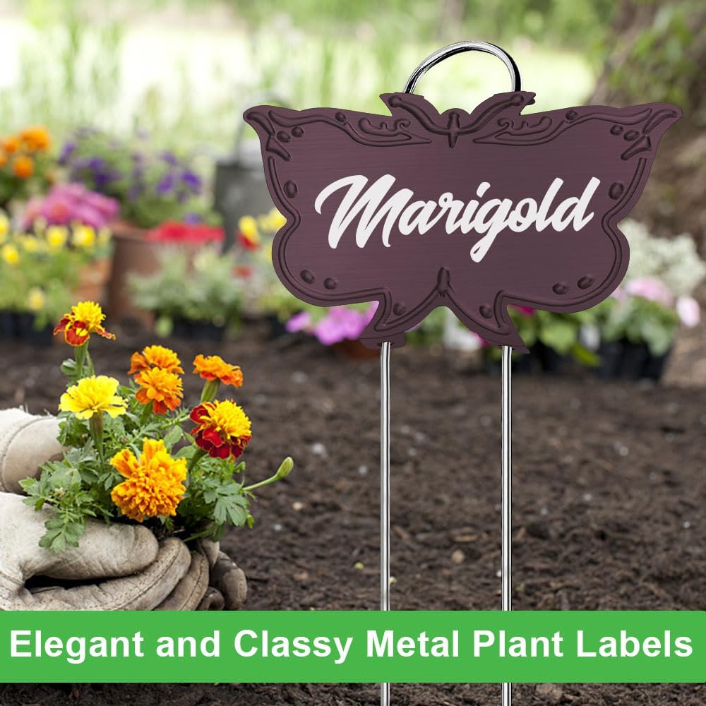 Metal Plant Labels, Tall Outdoor Butterfly Garden Markers for Flowers, Fruits and Vegetables, 304 Stainless Steel Weatherproof Signs (25 Packs, 4" x 2.3", Purplish Red Butterfly Design)