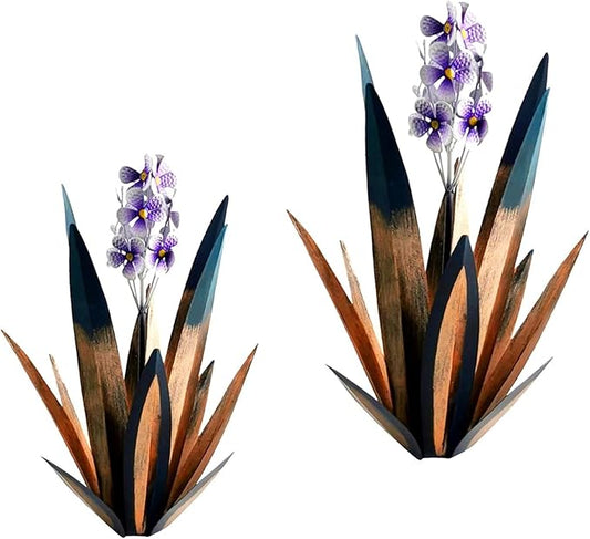 Jesokiibo Tequila Rustic Sculpture DIY Metal Agave Plant Home Decor Rustic Hand Painted Metal Agave Garden Ornaments Outdoor Decor Figurines Home Yard Decorations Stakes Lawn Ornaments (Blue 2PCS)