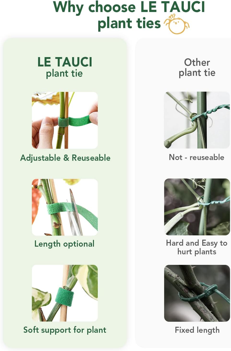 LE TAUCI Plant Ties, Garden Tape for Plant, Reusable Adjustable Thicker Support for Growing, Strong Grip, Tomato Vines Indoor Outdoor, 50 ft x 0.47 Inch, 1 roll, Green