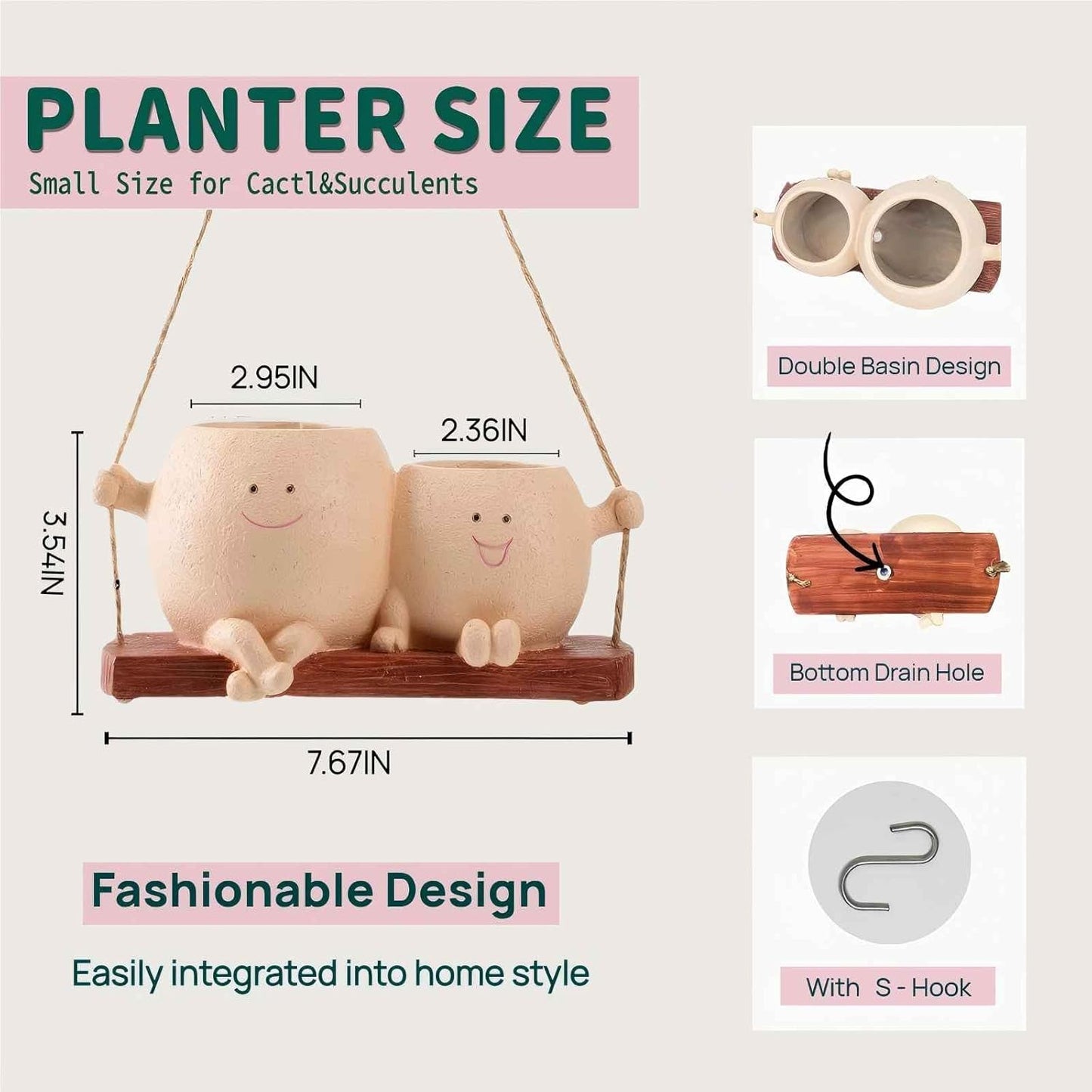 Unique Hanging Plant Pot Swinging Smiley Face Planter Pot Hanging Planter for Indoor Outdoor Plants Funny Face Planters Pots Head Cute Succulent Plant Pot