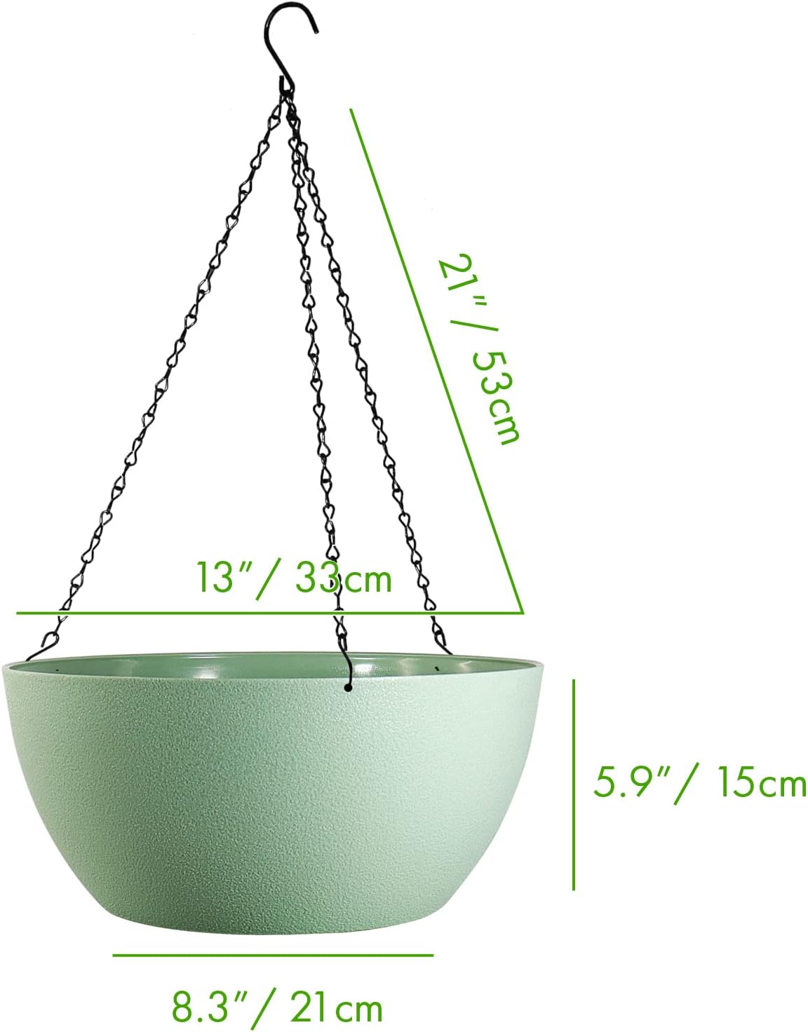 WOUSIWER 13 inch 2 Pack Large Hanging Planters for Indoor Outdoor Plants with Drainage Holes and Chain, Round Hanging Flower Pots for Garden Home Porch Decor, Green