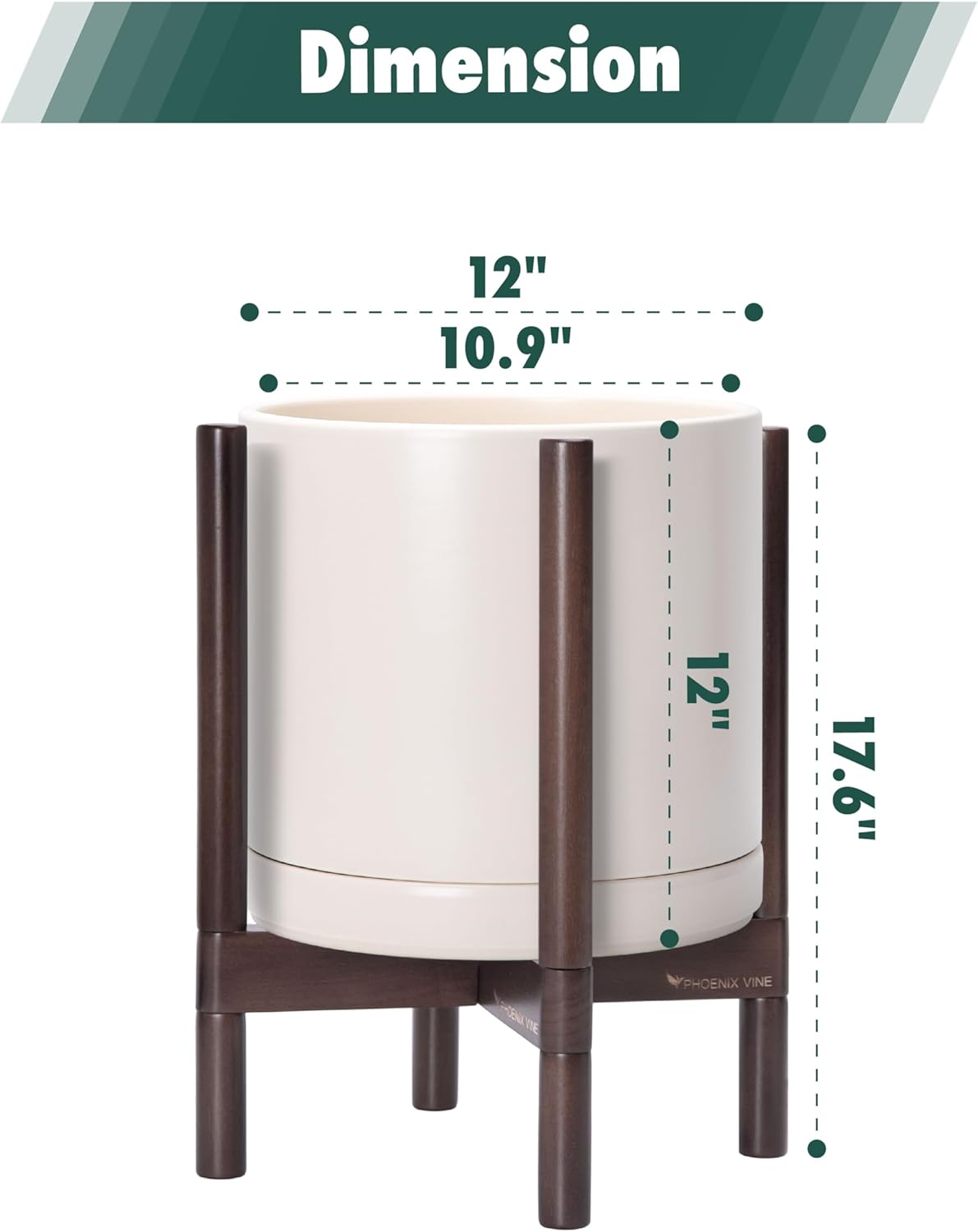 D'vine Dev Ceramic Planter with Walnut Color Stand - 12 Inch Modern Round Flower Pot with Wood Planter Holder, Oatmeal, 55-B-W-8