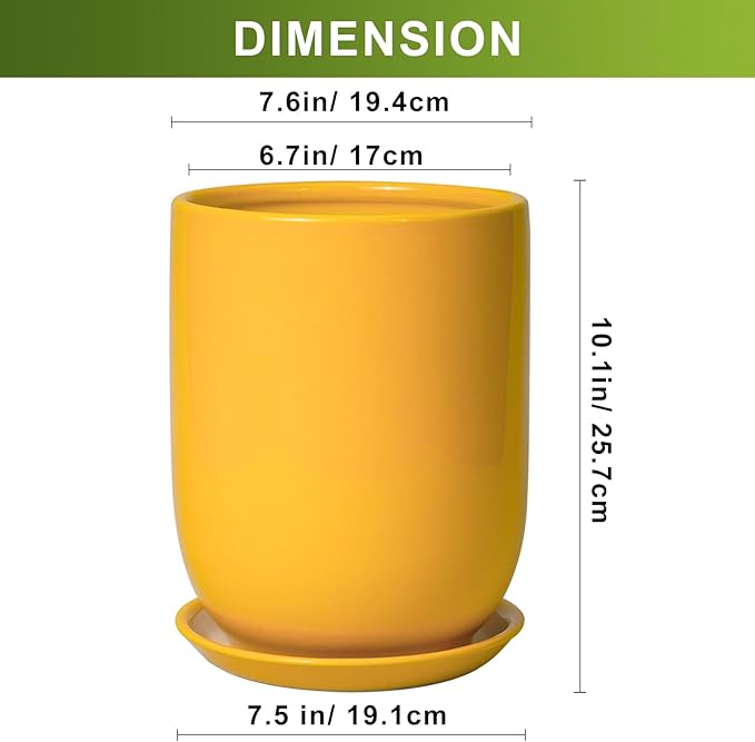 Plant Pot 8 Inch - Ceramic Plant Pot with Drainage Hole and Saucer Large Planter for Indoor Plants Outdoor Modern Flower Pot for Home Garden Decor Yellow