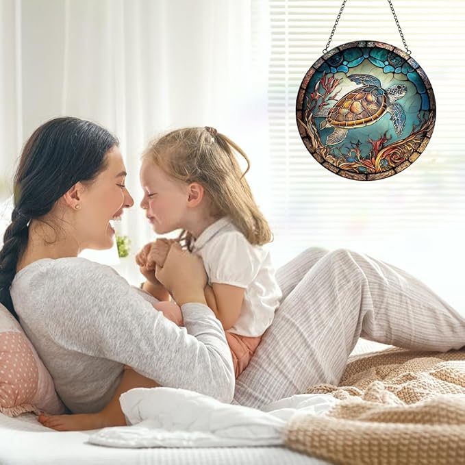 Sea Turtle Decor Suncatcher Stained Glass Window Hanging - Handmade Stained Glass Suncatchers Hangings with Hooks - Sea Art Glass Outdoor Garden Decor Gift for Women Him Valentines Day Birthday Gifts