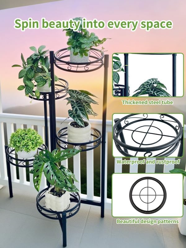 Metal Plant Stand Indoor Outdoor, 5 Tier 5 Potted Multiple Plant Shelf Stands, Wrought Iron Flower Holder Shelf, Folding Tall Rack Shelf for Patio, Balcony, Corner Living Room - BlackCircle