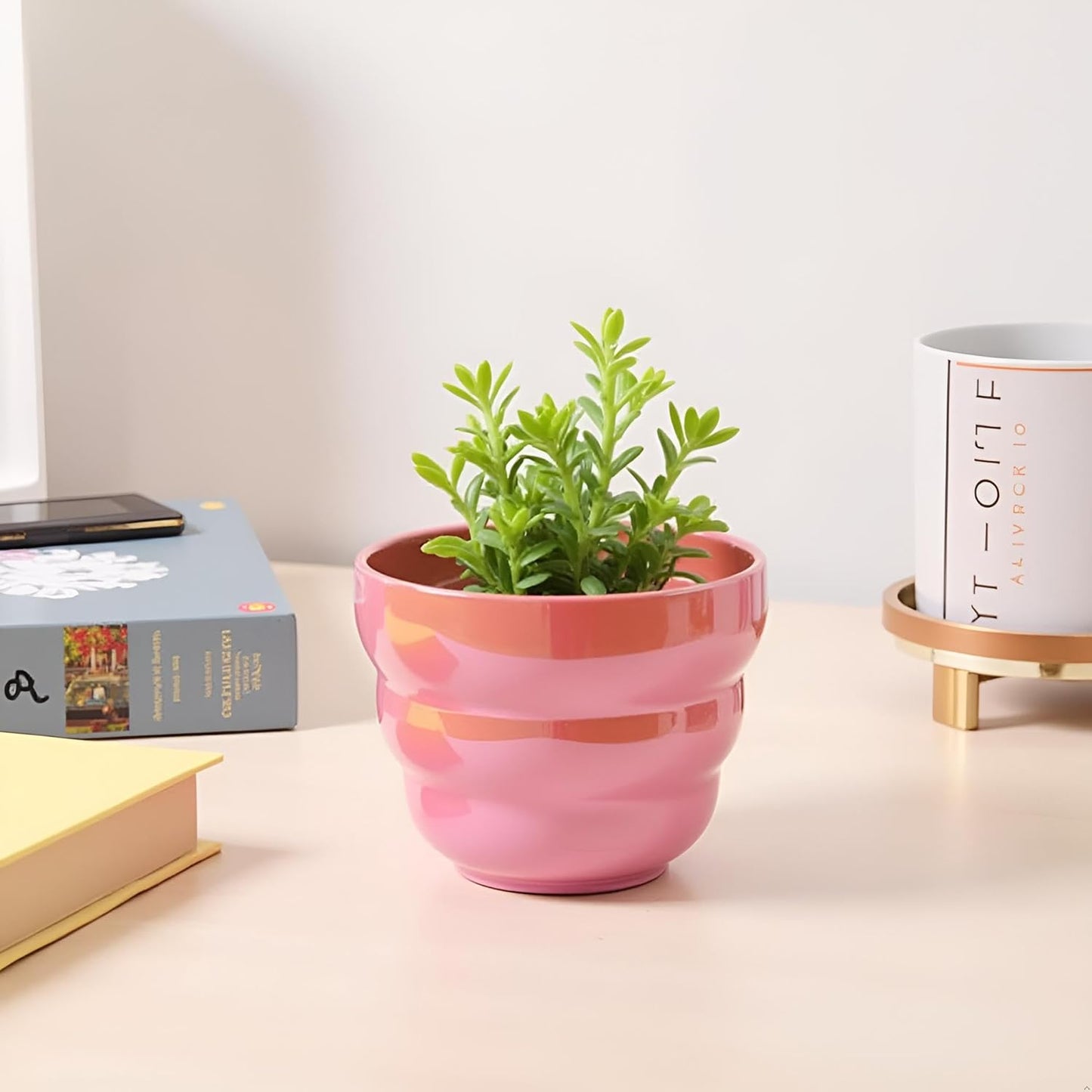 Pots for Indoor Plants, Rainbow Pearl Glaze Planters 2 Pieces with Drainage Hole, 6 Inch Round Modern Garden Pots for Flower Snakes Succulents, White and Pink