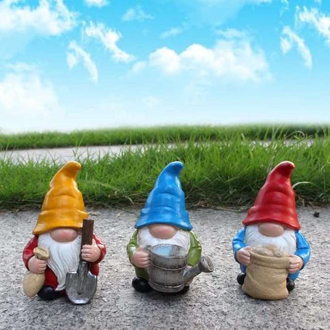 Set of 3 Mini Garden Gnome Statues - Resin Figurines for Indoor and Outdoor Decoration - Whimsical Mini Ornaments for Home, Patio, Yard, and Garden Decor