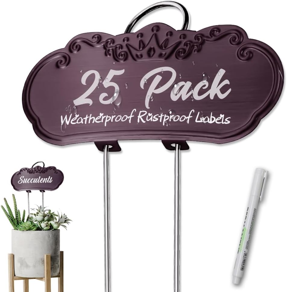 Metal Plant Labels, Tall Outdoor Garden Markers for Flowers, Fruits and Vegetables, 304 Stainless Steel Weatherproof Signs (25 Pack, 4" x 1.9", Purplish Red)
