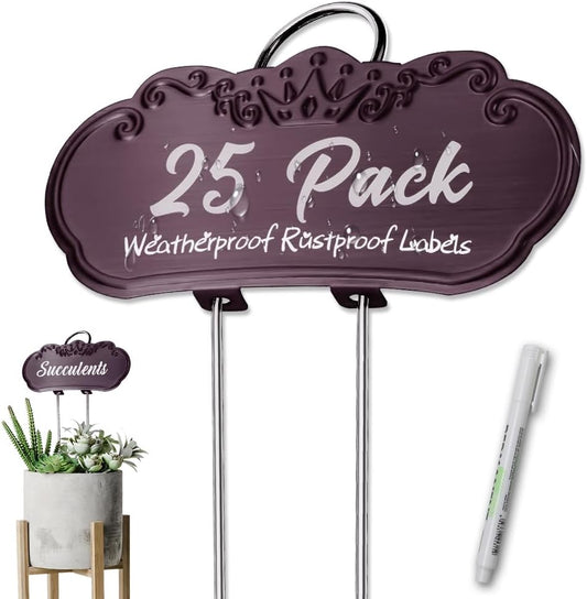 Metal Plant Labels, Tall Outdoor Garden Markers for Flowers, Fruits and Vegetables, 304 Stainless Steel Weatherproof Signs (25 Pack, 4" x 1.9", Purplish Red)