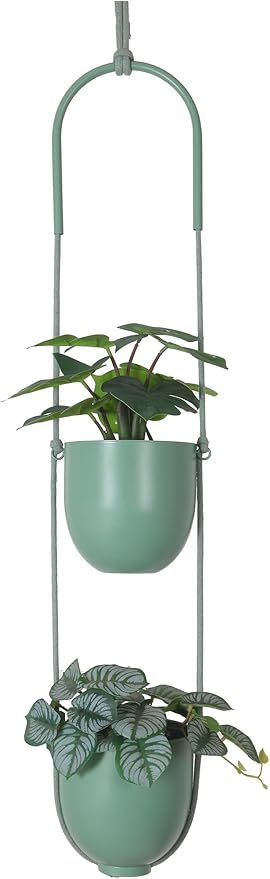 Metal Hanging Planters 2 Tiers Indoor Outdoor Modern Plant Hangers Wall Ceiling Hanging Flower Pots Baskets Kitchen Room Decor(Green)