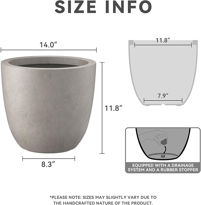 Kante 14 Inch Dia Round Concrete Planter, Indoor Outdoor Large Plant Pot with Drainage Hole and Rubber Plug for Home Patio Garden, Weathered Concrete