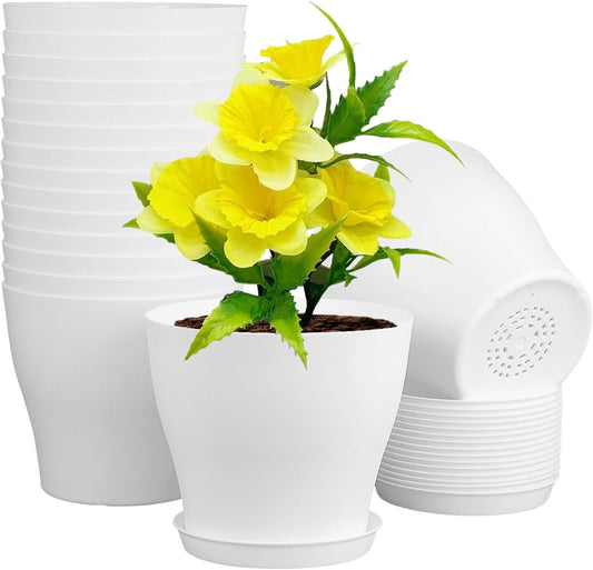 6 inch Plastic Nursery Pots, 16 Pack Plant Pots for Small Indoor Outdoor Plants, Flower Pots with Drainage Holes and Saucers, Decorative Seedling Starter Planters for House Plants, White