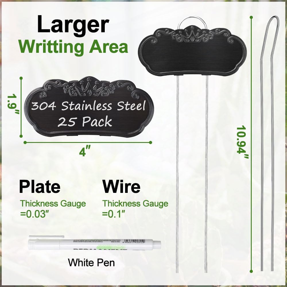 Metal Plant Labels,Tall Outdoor Garden Markers for Flower, Fruit and Vegetable, 304 Stainless Steel Weatherproof Signs (25 Packs, 4" x 1.9", Black)