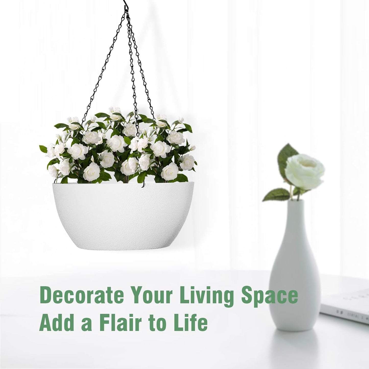 10 inch Hanging Planters for Outdoor Indoor Plants with Drainage Holes and Chain, 2 Pack Round Hanging Flower Plant Pots for Garden Home Porch Decor, White