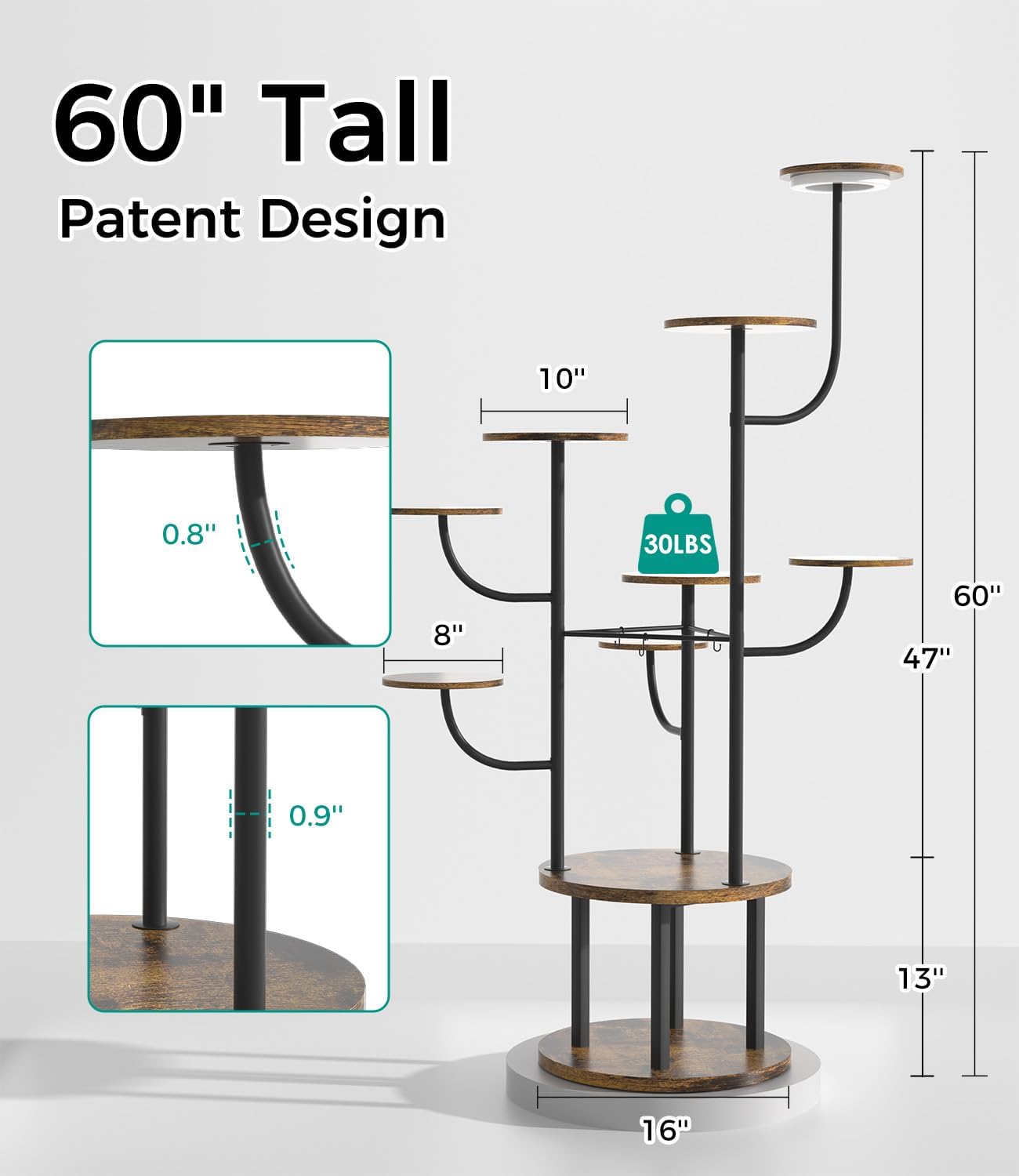 60" Tall Indoor Plant Stand 10 Tiered Adjustable with Grow Light,Metal Rotating Plant Shelf for Multiple Plant Display Indoor, Flower Holder Stand for Living Room,Bedroom,Office,Balcony