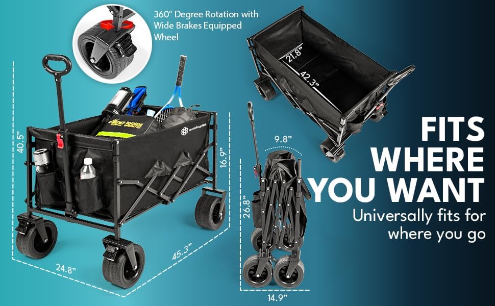 Collapsible Foldable Wagon Cart, 440lbs Heavy Duty Utility Wagon with All-Terrain Wheels, Folding Outdoor Cart with Brakes for Beach, Sports, Camping, Garden, Shopping – Black