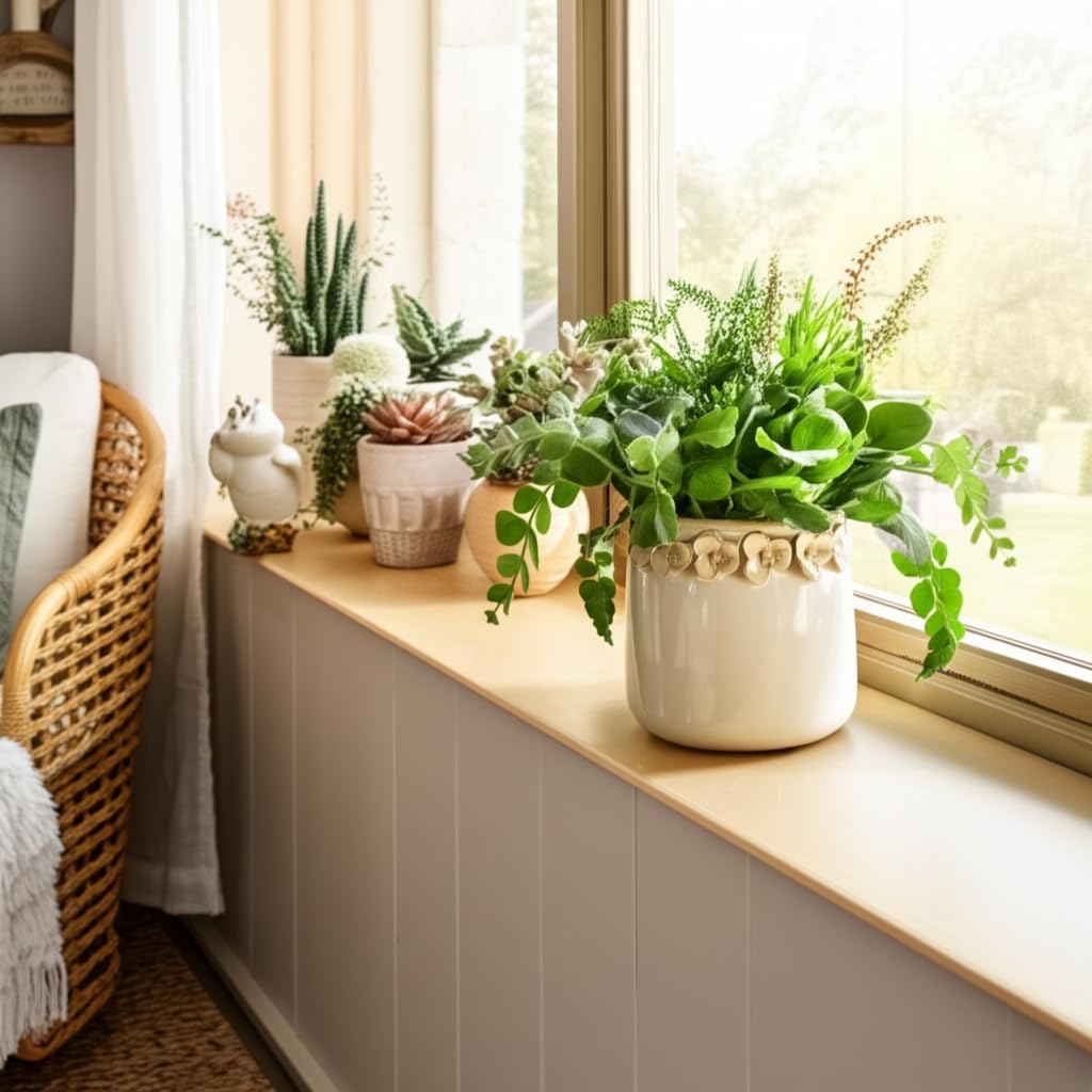 Decorative Flower Pot for Home Decor – Ceramic Indoor or Outdoor Planter with Sculpted Floral Rim for Succulents or Houseplants – Pot for Plants Perfect for Garden, Patio, or Room Decor – 5" Ivory