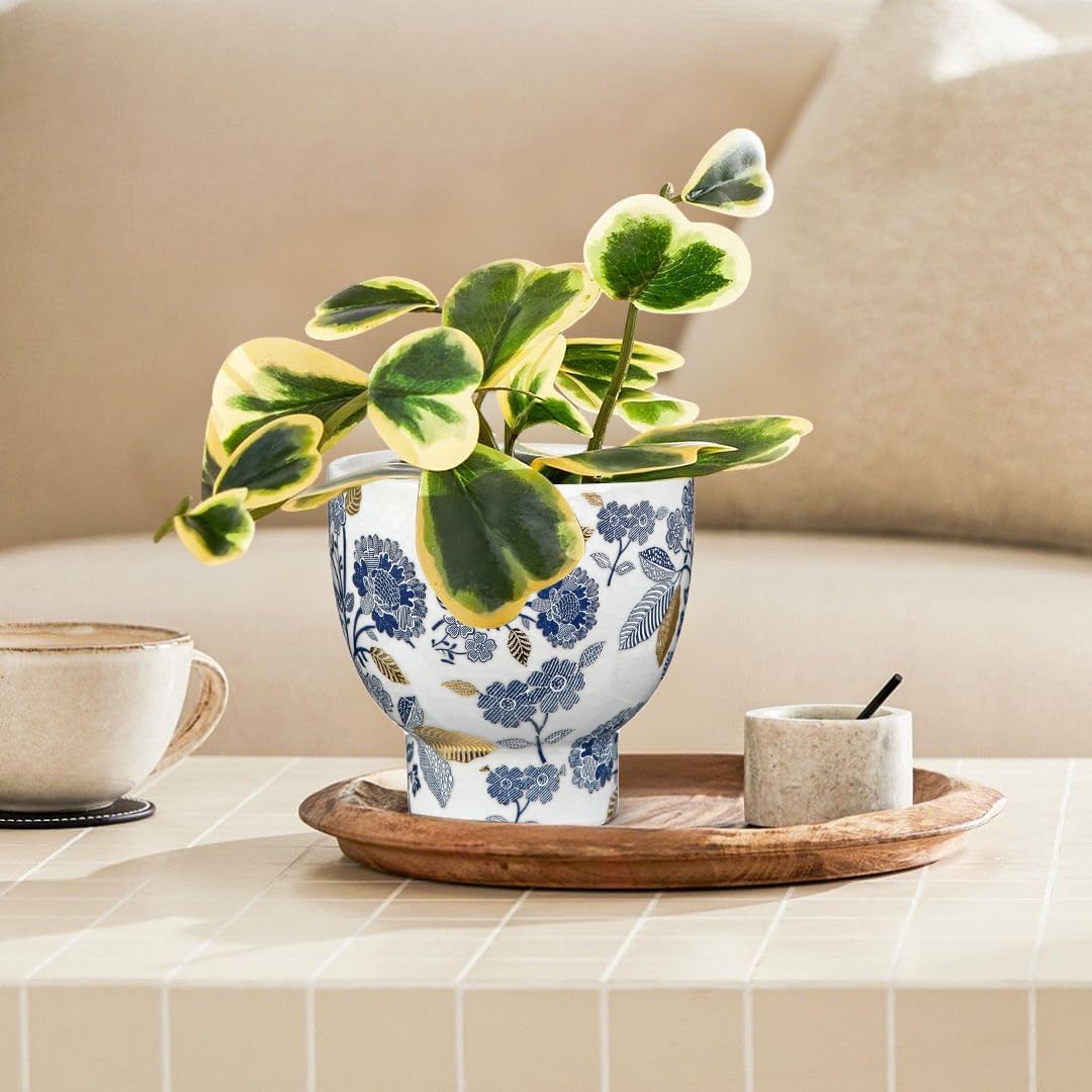 5.5 Inch Decorative Flower Pots, Blue and White Plant Pot Gold Accent Ceramic Planters for Indoor Plants Pots with Drainage Retro Planter Pot for Succulents Cactus Herb Snake Plants Outdoor Garden