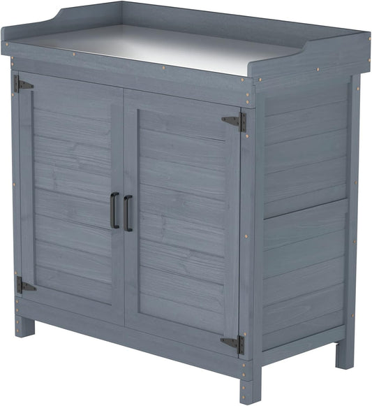 Outdoor Garden Patio Wooden Storage Cabinet Furniture Waterproof Tool Shed with Potting Benches Outdoor Work Station Table (Gray)