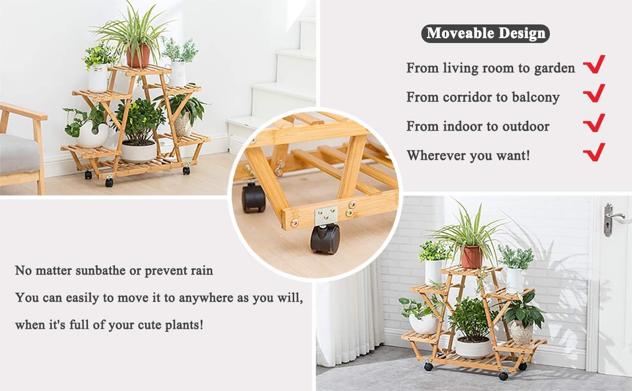 Bamboo Rolling 6 Tier Plant Stand Rack Multiple Flower Pot Holder Shelf Indoor Outdoor Planter Display shelving unit for Patio Garden Corner Balcony Living Room