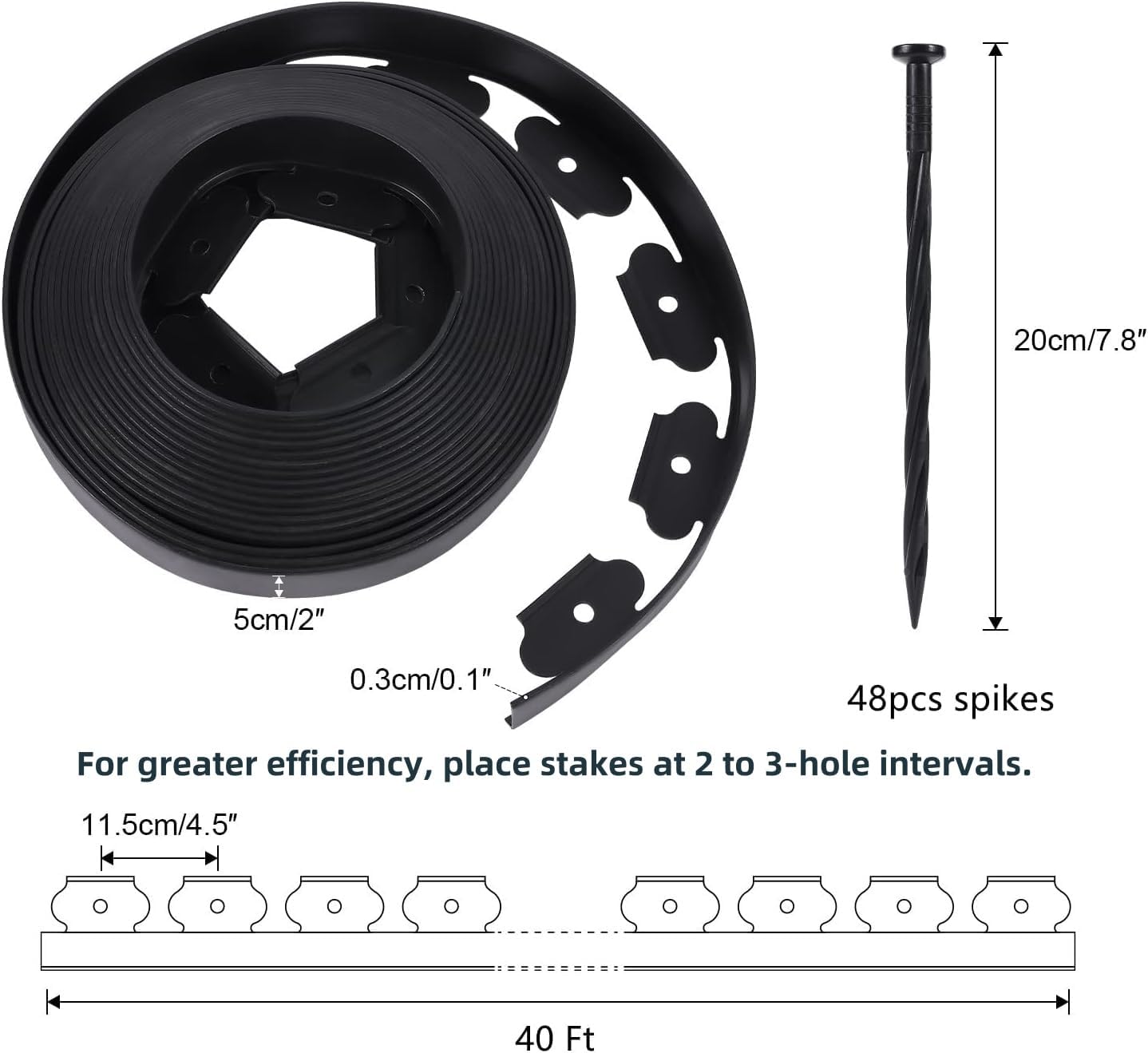 2 Inch Tall No Dig Durable Garden Landscape Edging Kit, Black Plastic Lawn Border with 48pcs Anchoring Spikes for Landscaping, Flower Gardens, Lawn (40FT+48pcs Anchoring Spikes)