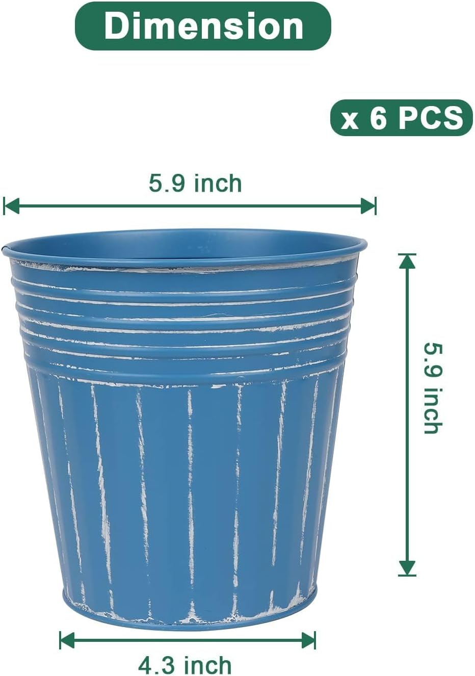 6 Inch Steel Blue Metal Rustic Flower Pots - 6Pcs Galvanized Planters with Drainage Hole and Rubber Plug, Rustproof Metal Bucket Plant Pots Farmhouse Vintage Style for Decor