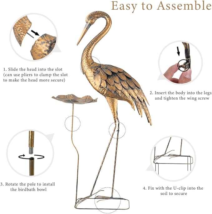 Large Heron Garden Statue, 42'' Crane Outdoor Statue with Birdbath, Crane Metal Yard Art for Porch Backyard Patio Lawn Decor (Golden)