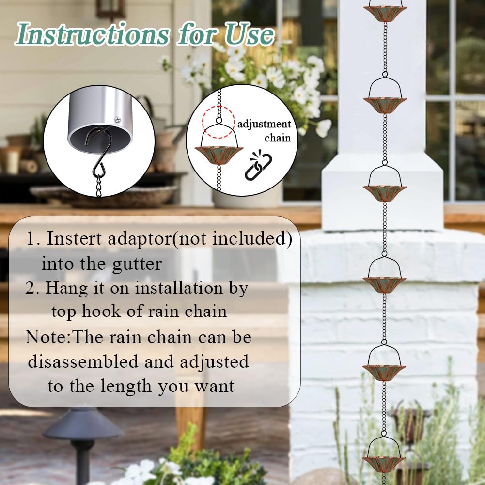 10 FT Lotus Rain Chain, Rain Chains for Gutters with 12 Bronze Cups, Adjustable Rain Catcher Chain with Bell for Eaves Drainage, Replacement for Downspout