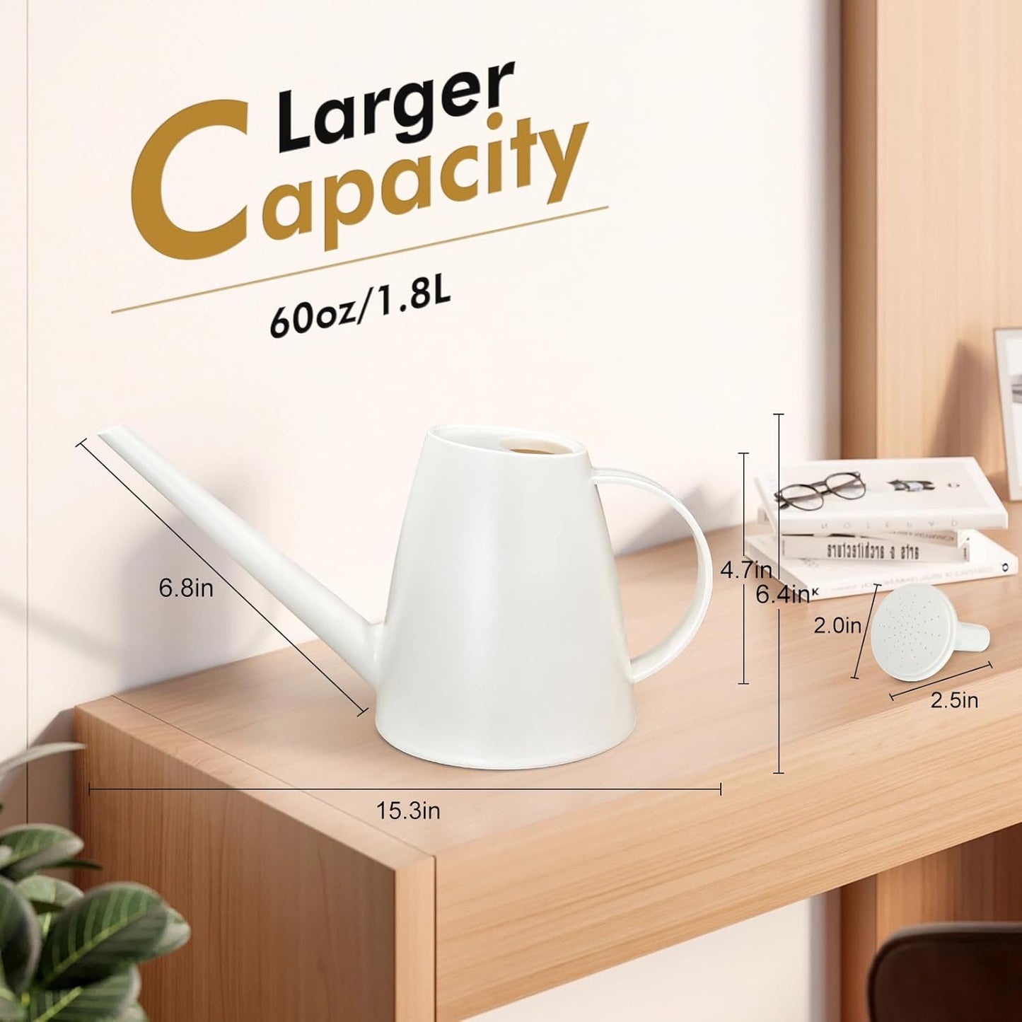 Watering Can for Indoor Outdoor Plants, Modern Small Watering Cans with Removable Nozzle, Long Spout Watering Can for Indoor Bonsai Plants Garden Flowers 1/2 Gallon 1.8L 60OZ (White)