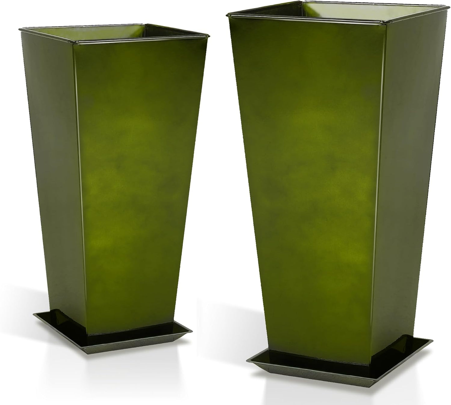 Worth Garden Large Metal Glazed Planter Set of 2 (25" + 28"), Luxurious Glossy Finish Green Tall Square Tapered Steel Plant Pot, Decor Flower Pot Indoor & Outdoor, Drainage Hole & Dual-Purpose Saucer