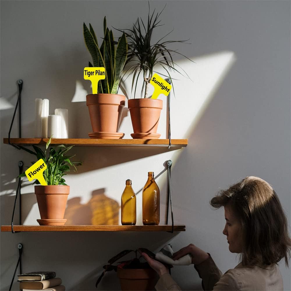 100 Pcs Yellow Thick Plastic Plant Labels Markers Tags Garden Re-Usable T-Type Sign with Marking Pen