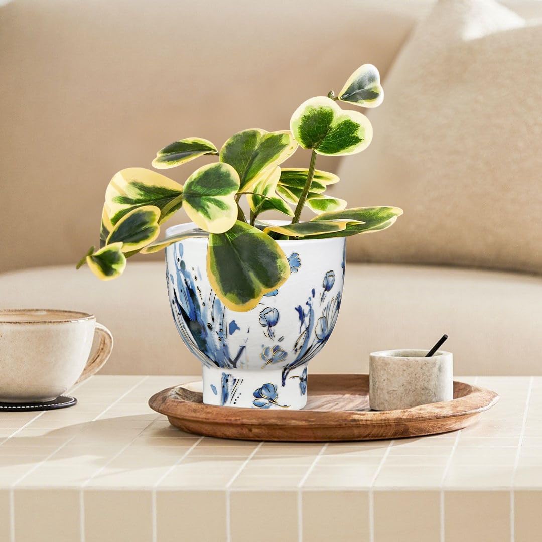 5.5 Inch Decorative Flower Pots, Blue and White Plant Pot Gold Accent Ceramic Planters for Indoor Plants Pots with Drainage Retro Planter Pot for Succulents Cactus Herb Snake Plants Outdoor Garden