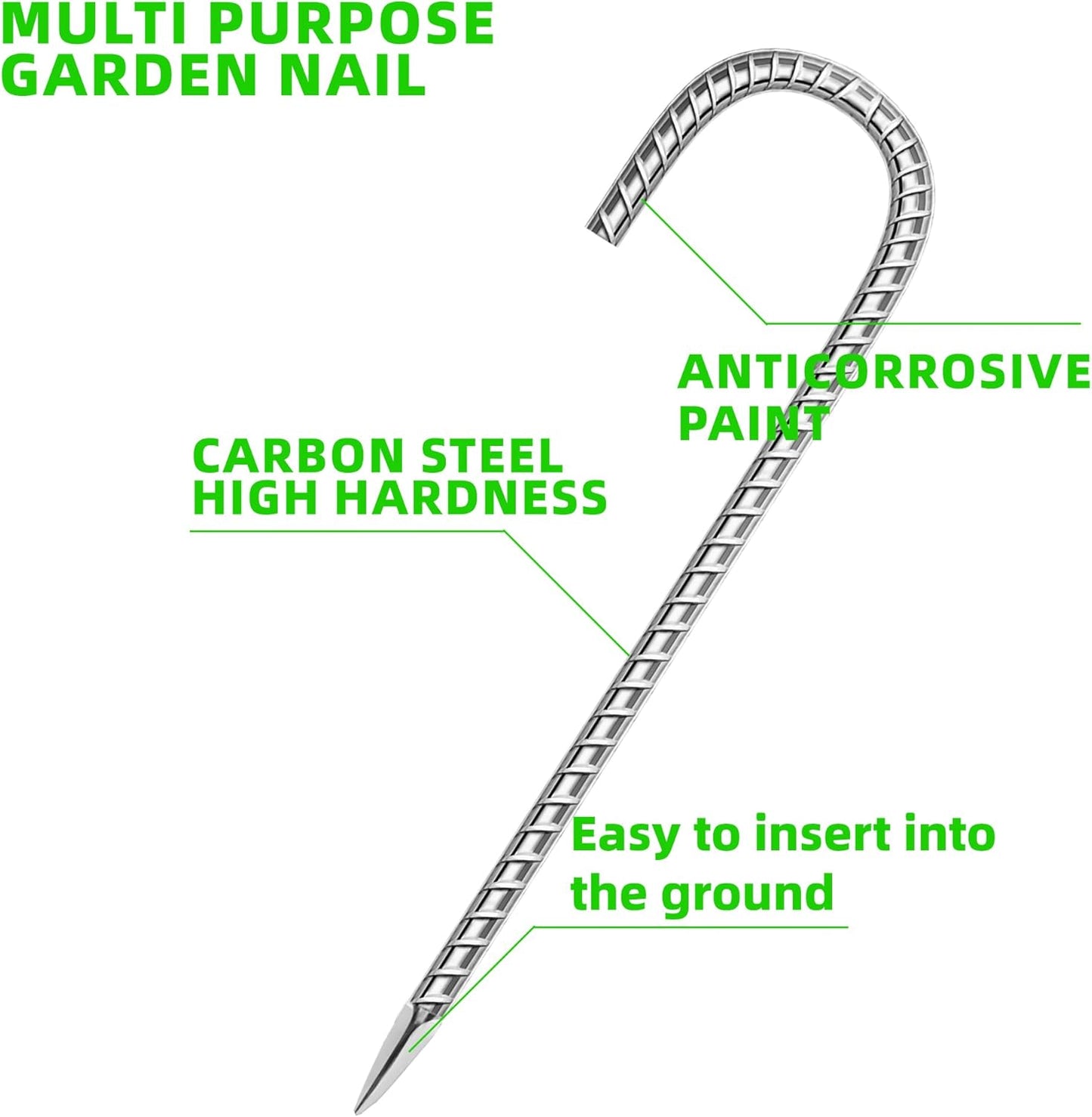 10 Pack Ground Garden Rebar Stakes Rebar 16 Inch Anti-Rust Galvanized Steel J Shape Hook Heavy Duty Ground Anchors for Tents, Position Kits,Fences, and Trampolines Landscape Fabric