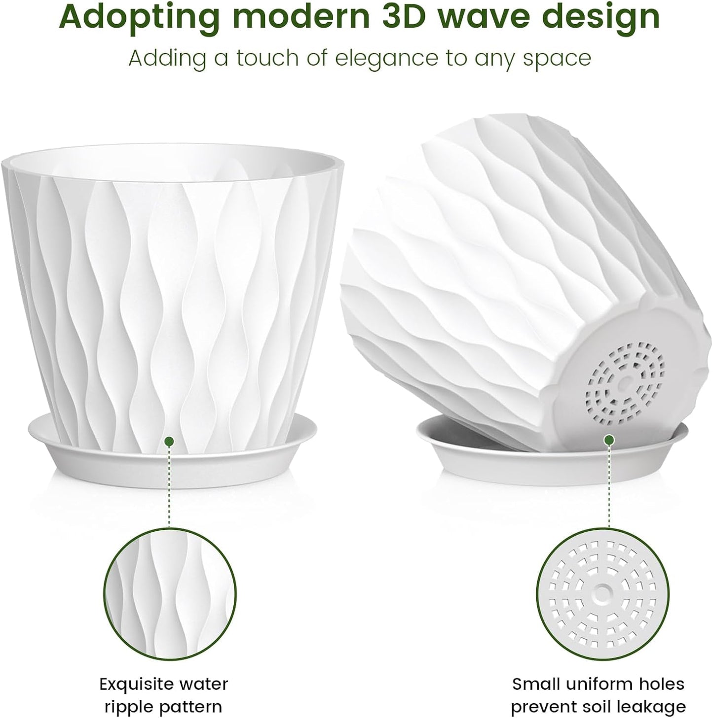 7 inch Plant Pots for Indoor Outdoor Plants, 5 Pack Thick Nursery Pots with Drainage Holes and Saucers, 3D Modern Wave Texture Plastic Planter Pots for Flowers and House Plants, White
