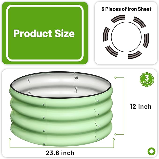 SnugNiture 3 Pcs 2x2x1ft Round Galvanized Raised Garden Bed Kit Outdoor, Metal Planter Box for Planting Plants Vegetables, Green