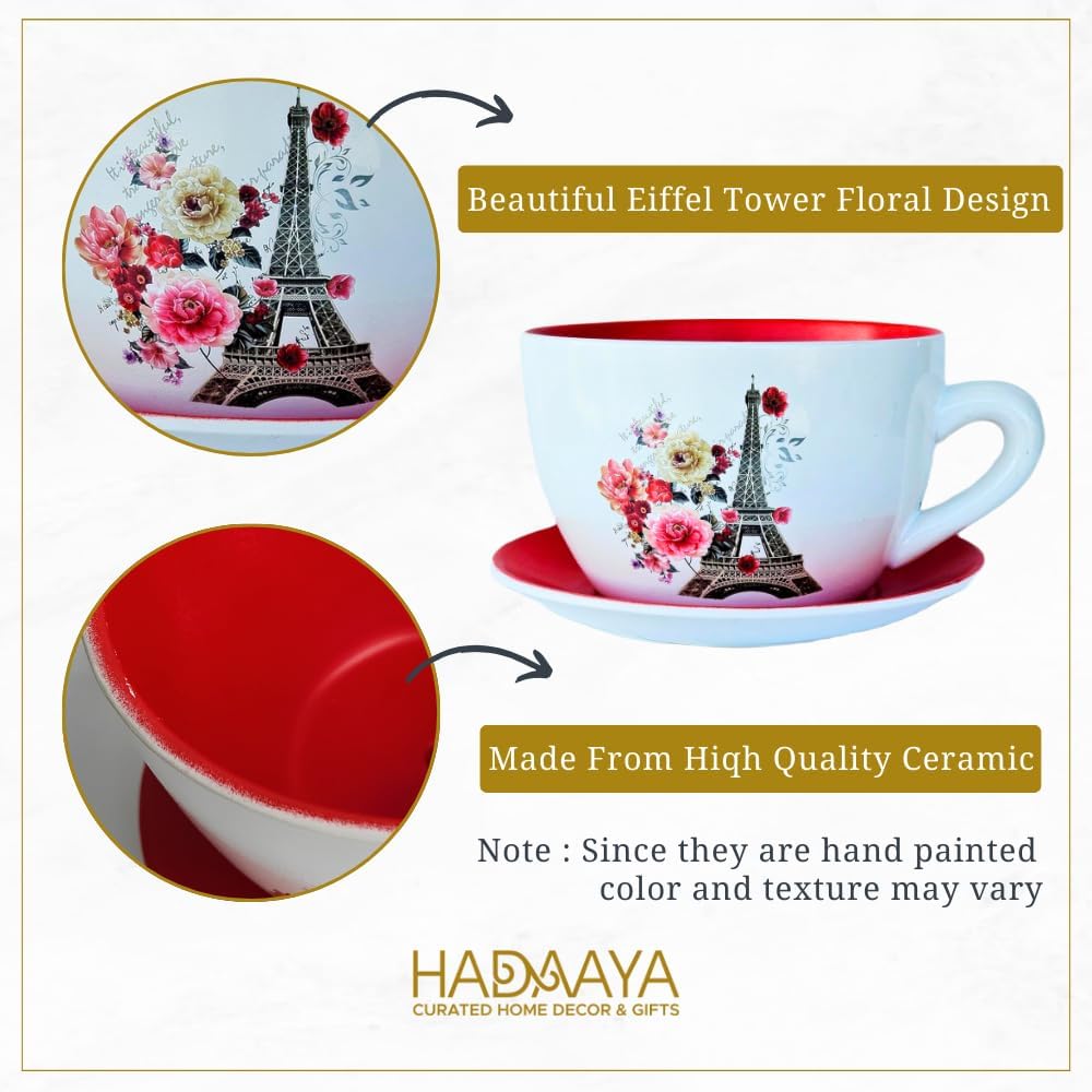 7.5" Ceramic Teacup Planter Pot with Saucer | Ideal for Succulents, Orchids, Herbs & Flowers | Indoor & Outdoor Use | Thoughtful Gift for Wedding & Home Decor & More - RED - Paris Eiffel Tower