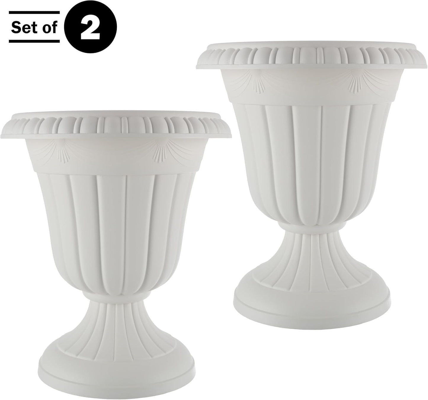 Pure Garden Outdoor Planter 2-Pack - 16x18-Inch Urn Planters - Plastic Plant Pots for Indoor, Outdoor, or Front Porch Decor - Flower Pots (White)