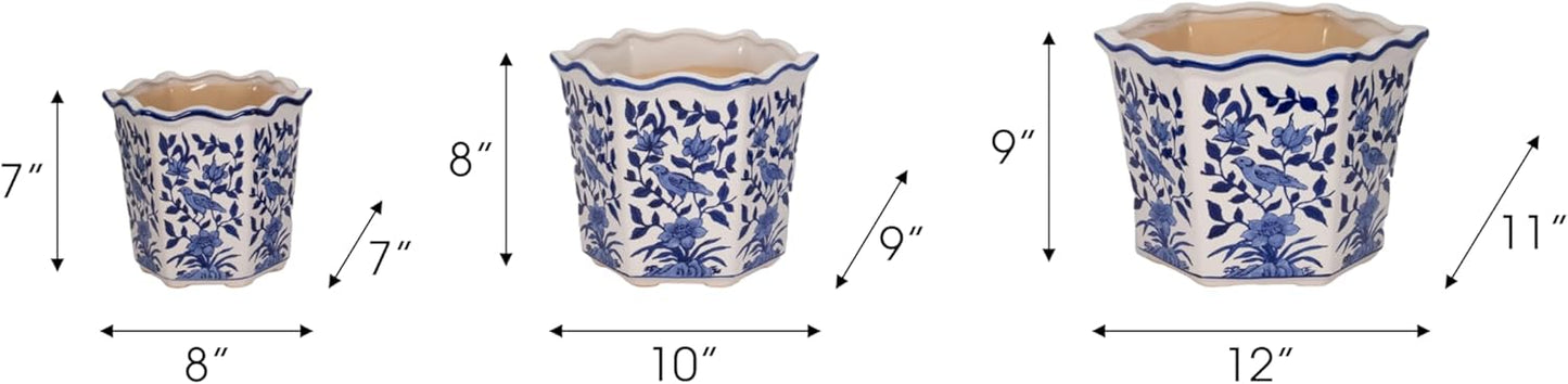 Home Decor Flower Pots and Planters – Intricate Pots with Floral Pattern for Indoor and Outdoor Plants - Vintage Plant Pots Great for Garden, Patio, or Room Decor Set of 3 – 9", 8", 7" Blue & White