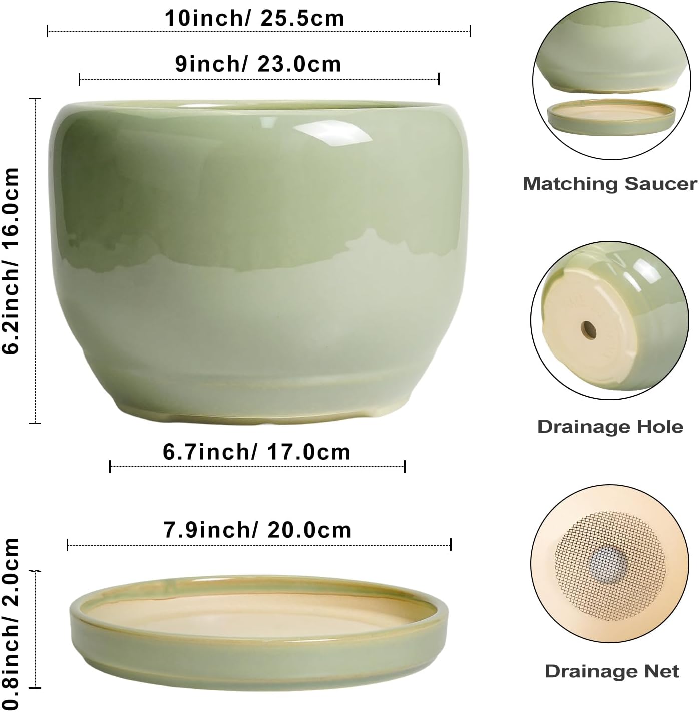 SQOWL Ceramic Planter - 10 Inch Pot for Plants Indoor Outdoor, Round Modern Flower Pot with Drainage Hole and Saucer, Decorative Large Planter, Office Decor, Plant Lovers Gifts, Green