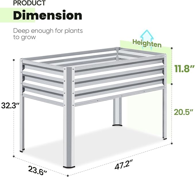 KING BIRD Large Raised Garden Bed with Legs Galvanized Elevated Planter Box 48×24×30 in for Backyard, Patio, Balcony, 400lb Capacity, Silver