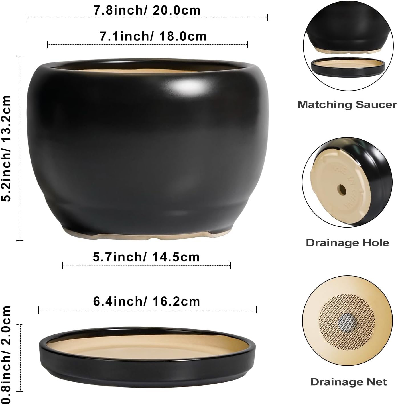 SQOWL Ceramic Plant Pots - 8 Inch Planter Indoor, Round Flower Pot with Drainage Hole and Saucer, Modern Outdoor Planter, Apartment Decor, Gifts for Plant Lovers, Black