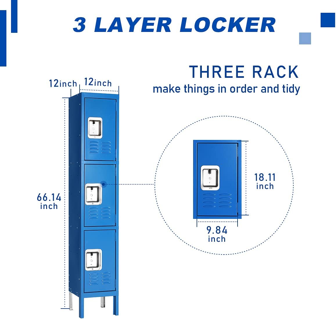 Metal Locker for Employees, Office Storage Lockers 3-Tier Steel Lockers for School Gym Locker Compartment Home Office 3 Doors Blue