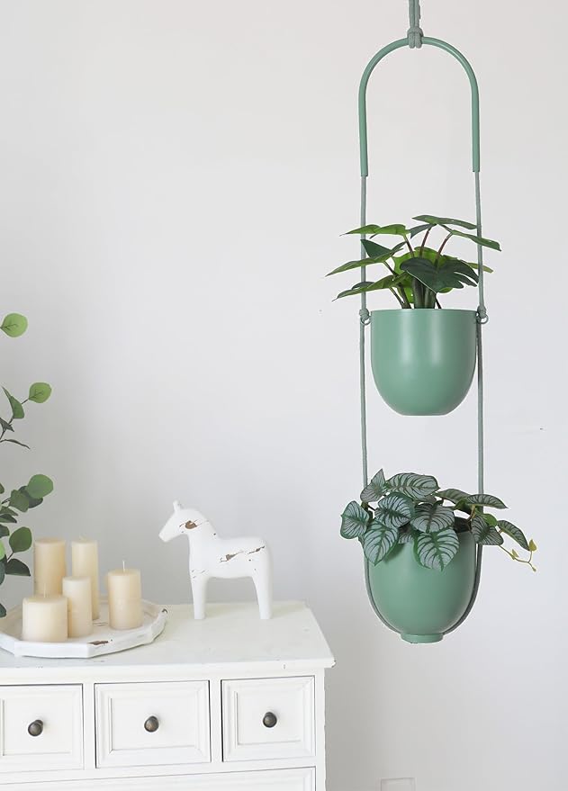 Metal Hanging Planters 2 Tiers Indoor Outdoor Modern Plant Hangers Wall Ceiling Hanging Flower Pots Baskets Kitchen Room Decor(Green)