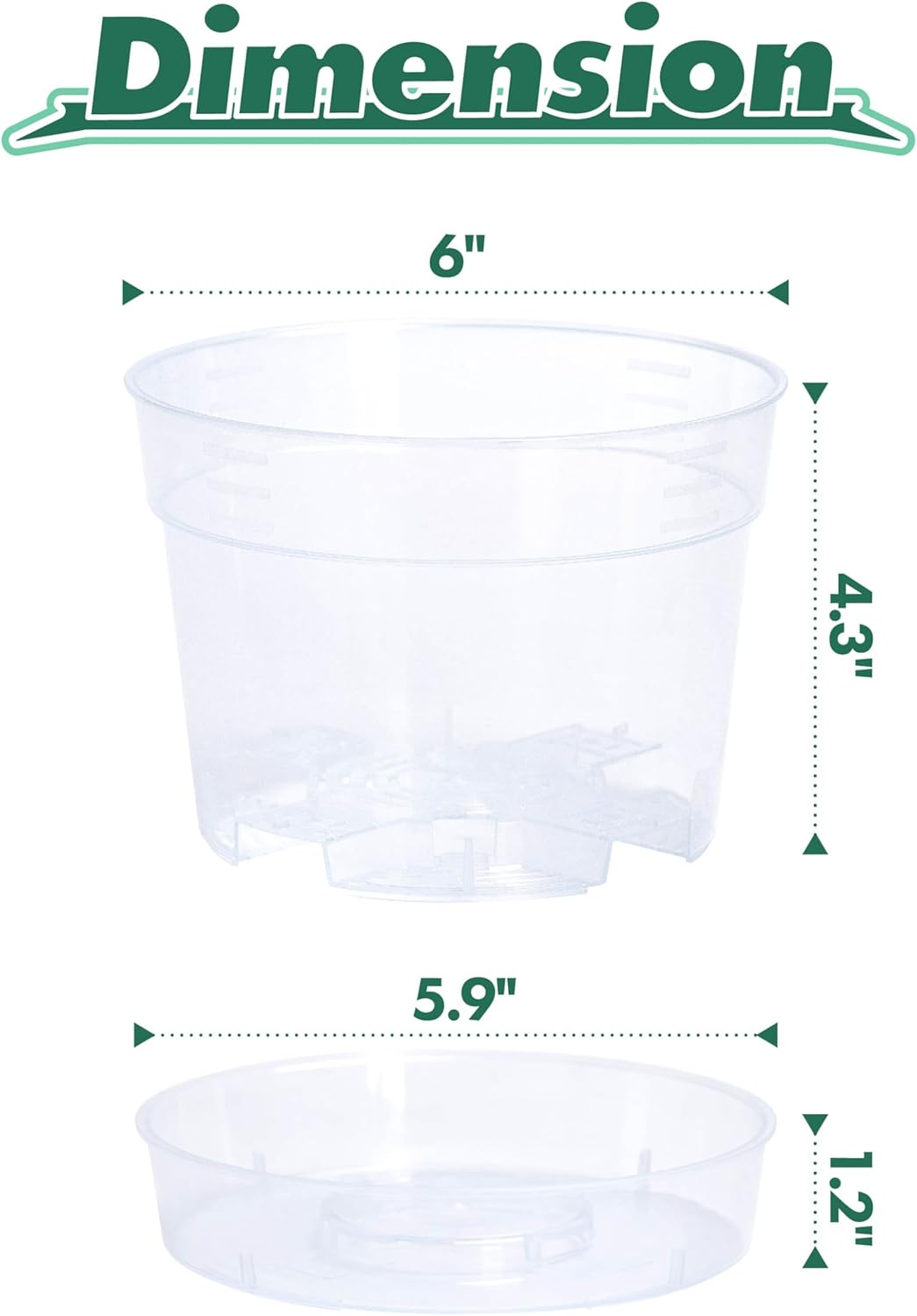 6 Inch Clear Plastic Plant Pot with Drainage Holes, Interlocking & Detachable Tray - Deep Saucer - Durable BPA-Free Plastic, Transparent Design, Raised Base for Airflow, Set of 6, 92-X-A-4