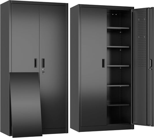 Metal Storage Cabinet with 2 Doors and 5 Adjustable Shelves, 71" H×32" W×16" D Garage Storage Cabinet with Pegboard for Garage,Office,Home,Gym,School, Lockable File Cabinet, Black
